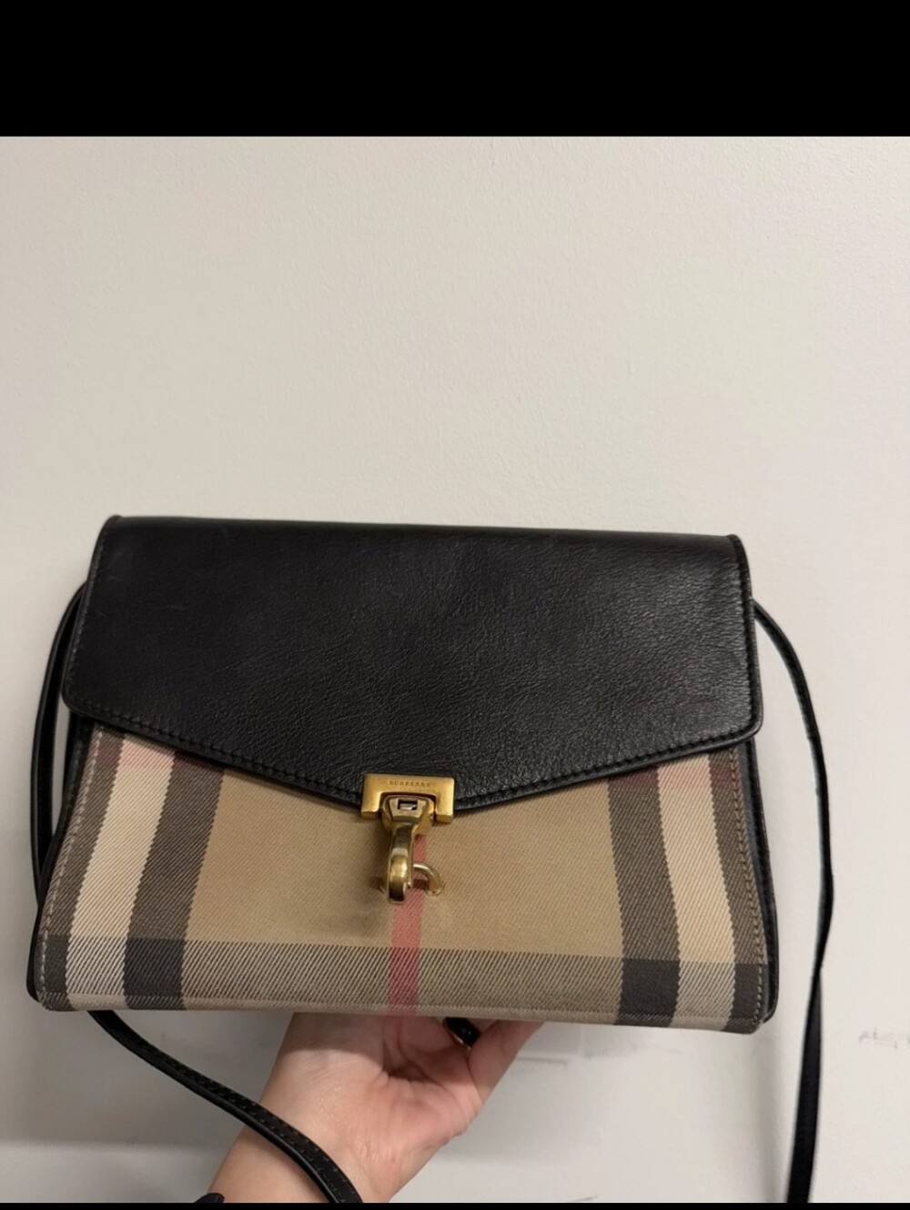 Classic Burberry Check Crossbody with Black Leather Flap and Gold Hardware